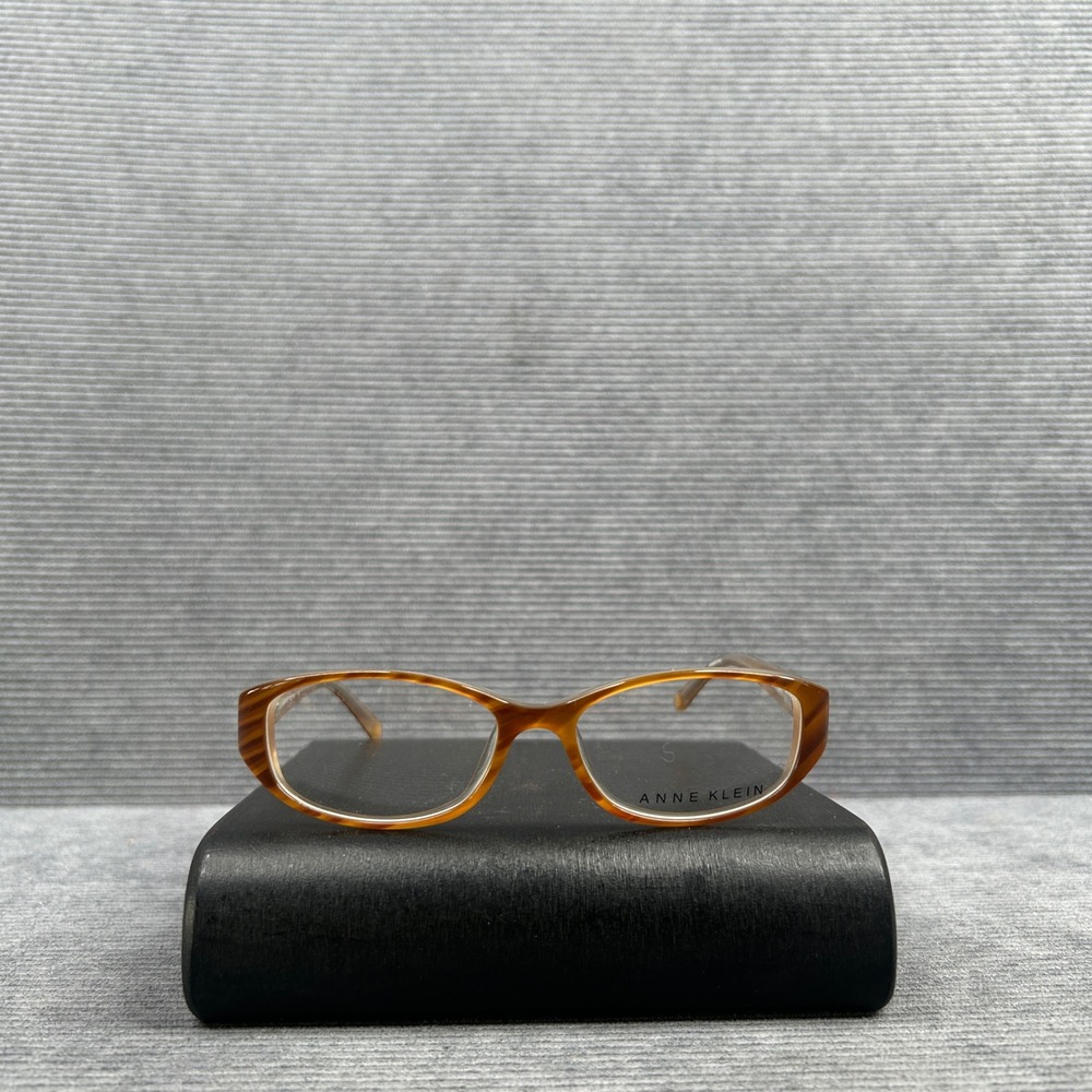 Anne Klein AK5007 Amber Horn Rectangular y2k Eyeglasses Frame Gold Lion Logo 135